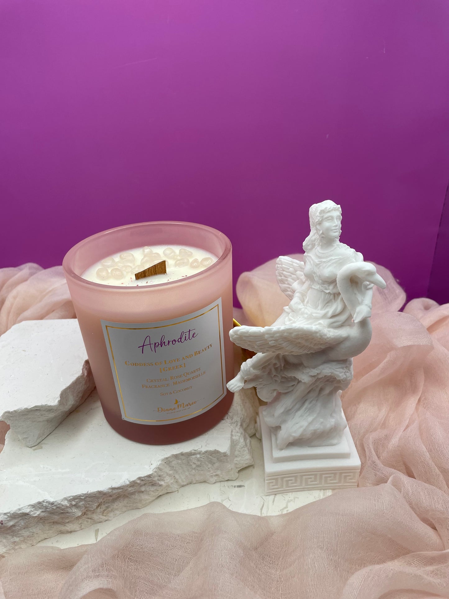 Aphrodite - Goddess of Love and Beauty [Greek]. Large Soy & Coconut Candle.  Fragrance: Mademoiselle (60 hours burn time - wood wick)