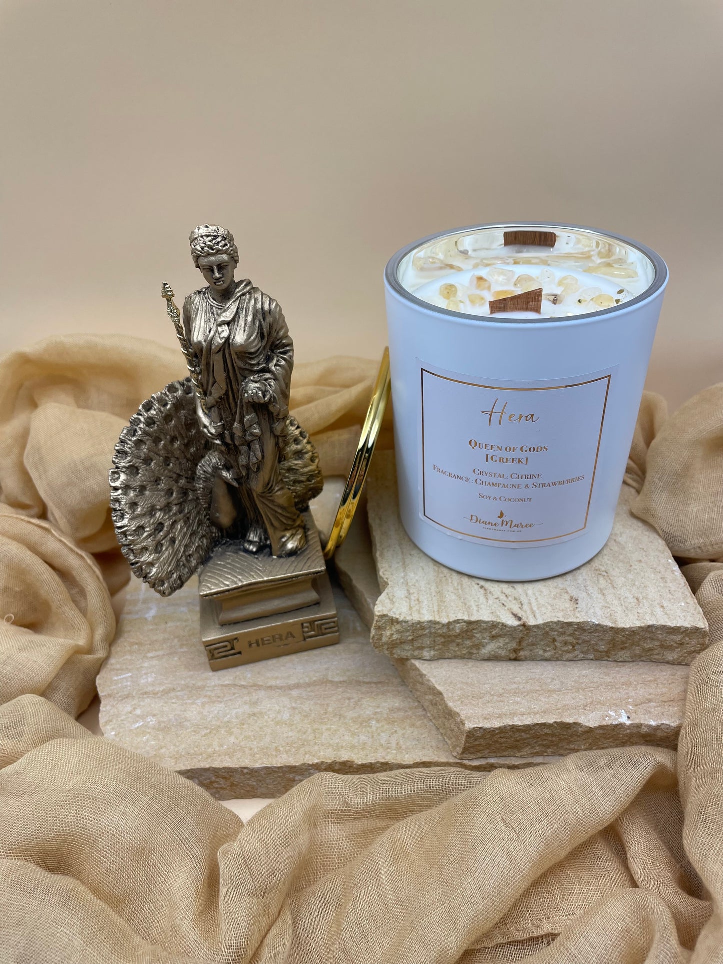 Hera - Queen of Gods [Greek].  Large Soy and Coconut Candle.  Fragrance: Champagne and Strawberries (60 hours burn time - wood wick)