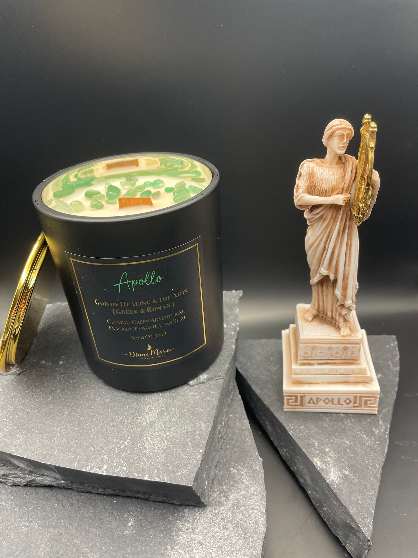 Apollo - God of Healing and The Arts. Large Soy & Coconut Candle. Fragrance: Australian Bush (60 hours burn time - wood wick)