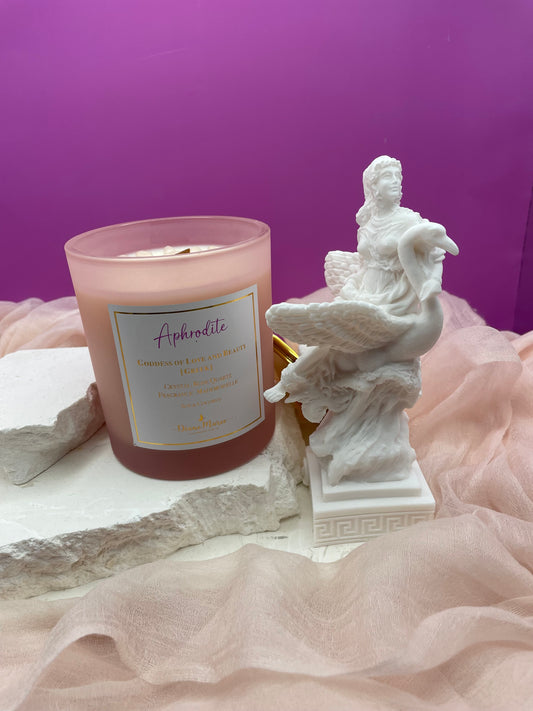 Aphrodite - Goddess of Love and Beauty [Greek]. Large Soy & Coconut Candle.  Fragrance: Mademoiselle (60 hours burn time - wood wick)