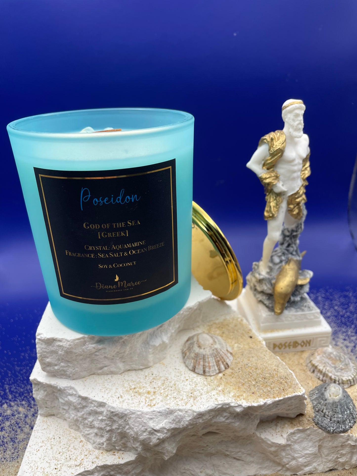 Poseidon - God of the Sea [Greek]. Large Soy & Coconut Candle. Fragrance: Sea Salt & Ocean Breeze (60 hours burn time - wood wick)