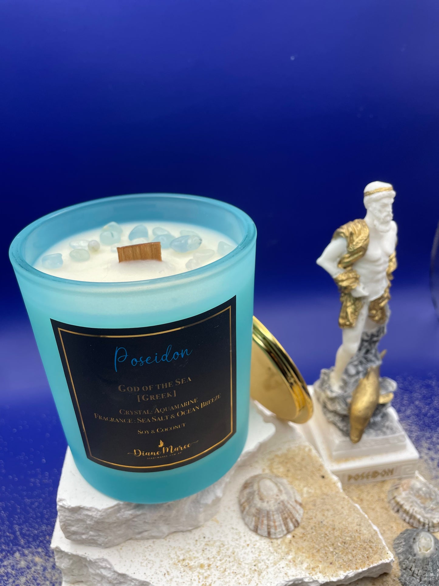 Poseidon - God of the Sea [Greek]. Large Soy & Coconut Candle. Fragrance: Sea Salt & Ocean Breeze (60 hours burn time - wood wick)