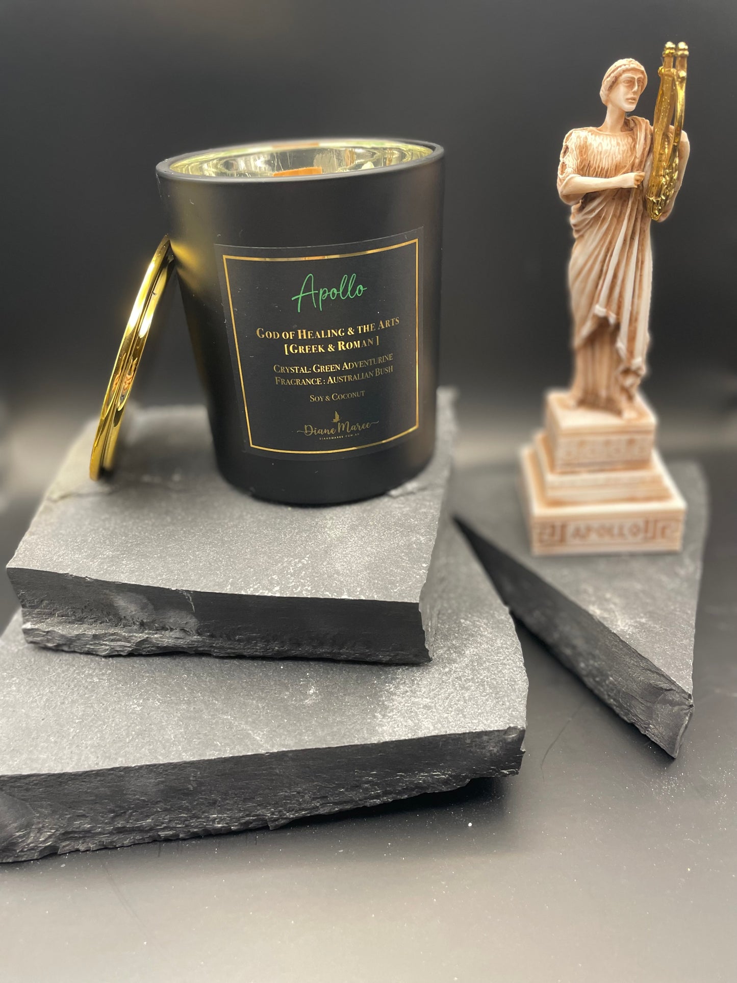 Apollo - God of Healing and The Arts. Large Soy & Coconut Candle. Fragrance: Australian Bush (60 hours burn time - wood wick)